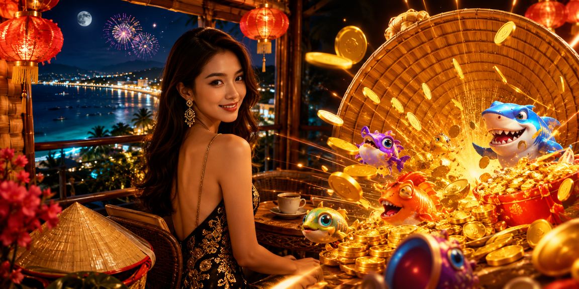 Khung cảnh Phú Quốc với chủ đề cá cược và nón lá Việt Nam